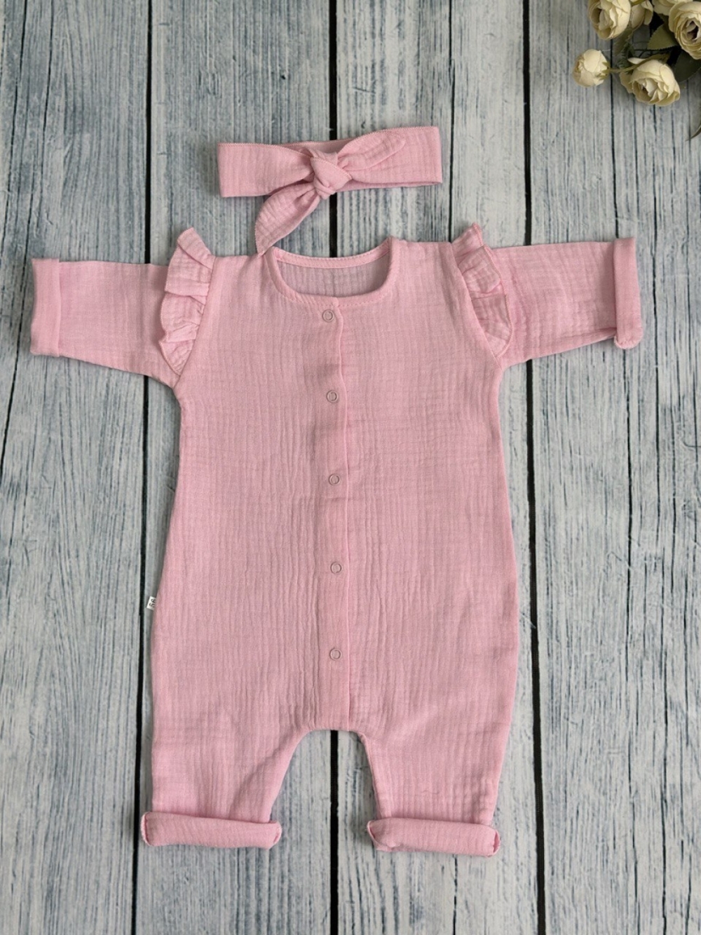 336-Р. Комбинезон с повязкой для девочки из муслина, хлопок 100%, размеры 56,62,68, розовый